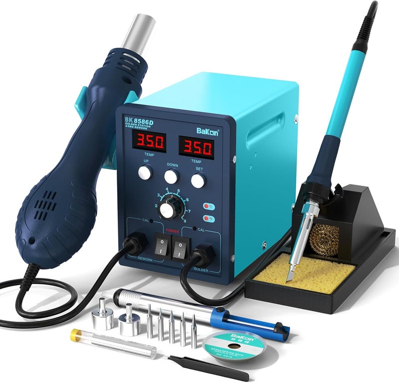 BAKON BK8586D Soldering Station 2-In-1 SMD Hot Air Rework Station,Solder Iron Station Kit for Electronics, 5 Soldering Tips, 2 Hot Air Nozzles,Tweezers, Solder Wire,Desoldering Pump,Solder Sucker - Image 1